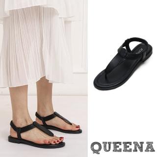 【QUEENA】低跟涼鞋 T字涼鞋/波西米亞民族風經典T字皮紋繩飾低跟羅馬涼鞋(黑)
