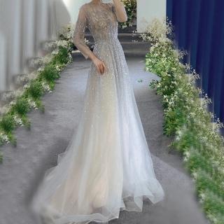 【女神婚紗禮服】高階氣質長袖夢幻奢華墜地裙擺宴會晚禮服 LA60869 銀灰色(訂婚禮服 敬酒服)