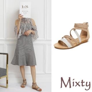 【MIXTY】低跟涼鞋 交叉涼鞋/歐美時尚編織線條交叉線繩造型低跟涼鞋(杏)