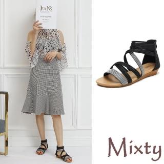 【MIXTY】低跟涼鞋 交叉涼鞋/歐美時尚編織線條交叉線繩造型低跟涼鞋(黑)