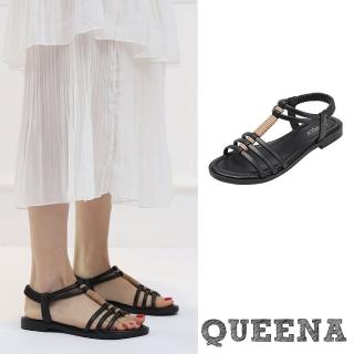 【QUEENA】低跟涼鞋 縷空涼鞋/波西米亞民族風魚骨縷空線條時尚低跟羅馬涼鞋(黑)