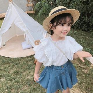 【橘魔法】清新蕾絲荷葉蓬袖上衣+飄逸牛仔裙 (套裝 裙子 牛仔裙 裙子 女童 兒童 中童 童裝)