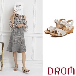 【DROM】坡跟涼鞋 交叉涼鞋/歐美復古亮絲面交叉編織造型坡跟涼鞋(金)