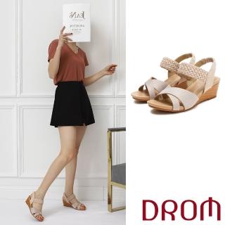 【DROM】坡跟涼鞋 交叉涼鞋/歐美復古亮絲面交叉編織造型坡跟涼鞋(香檳)