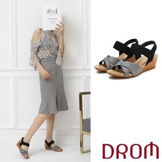 【DROM】坡跟涼鞋 交叉涼鞋/歐美復古亮絲面交叉編織造型坡跟涼鞋(黑)