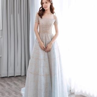 【女神婚紗禮服】極致奢華縫珠一字肩顯瘦長裙宴會晚禮服 LA70263 銀色(主持人 敬酒服)