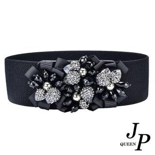 【Jpqueen】銀白花漾緞帶寬版伸縮腰帶(黑色尺寸可選)