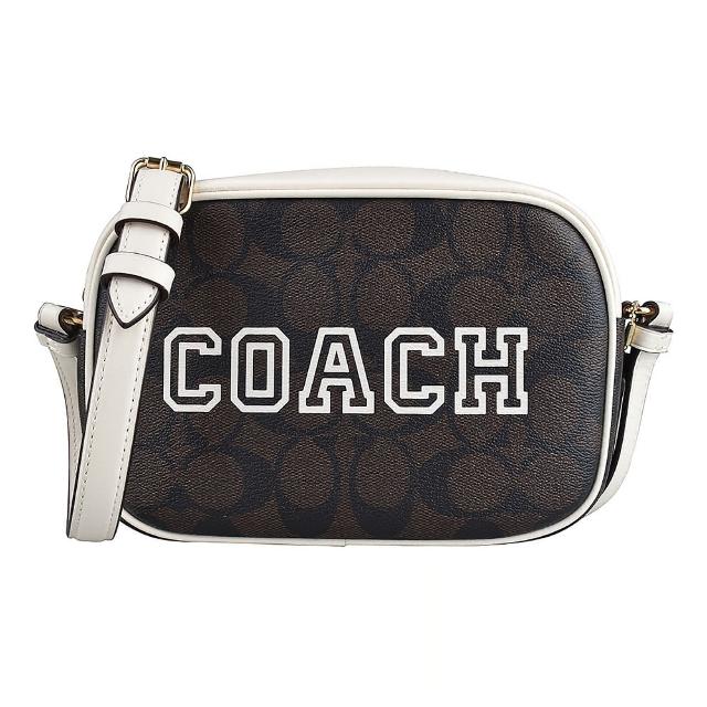 【COACH】COACH Jamie字母LOGO緹花C字設計PVC拉鍊斜背包(迷你/深棕x白)