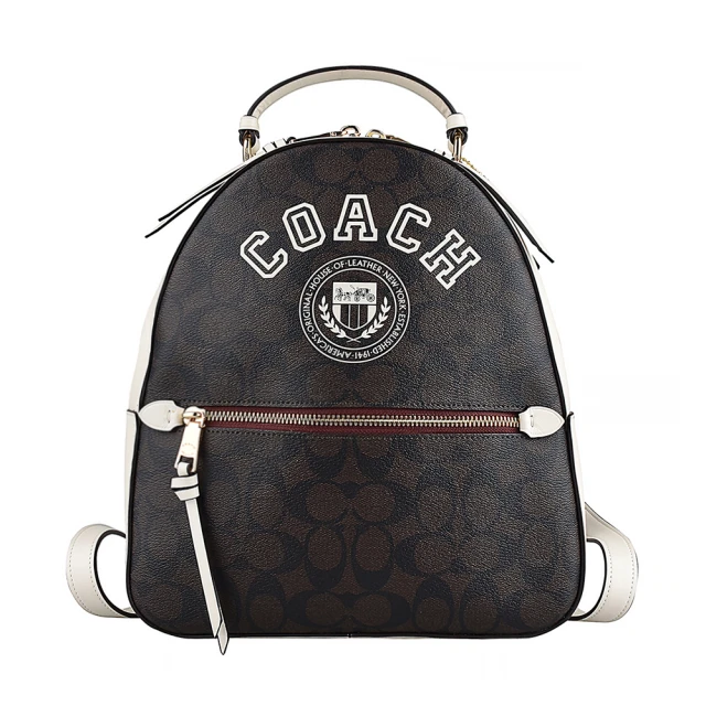 【COACH】COACH Jordyny白字LOGO緹花搭學院風PVC拉鍊後背包(深棕x白)