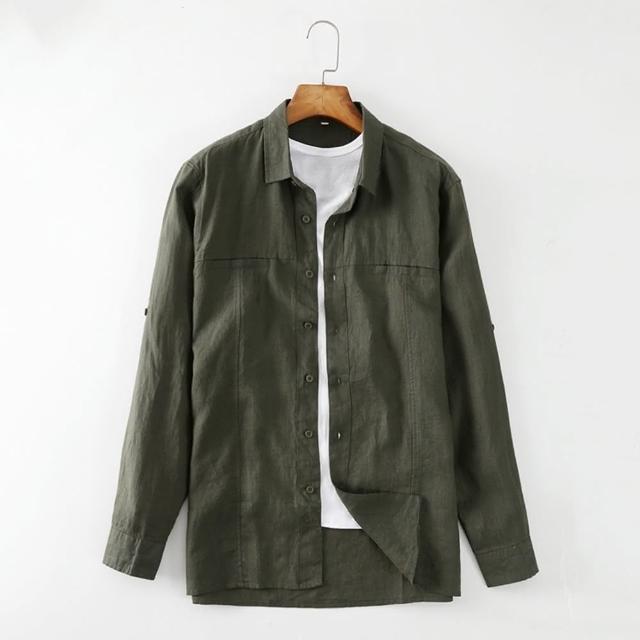 【米蘭精品】現貨+預購 亞麻襯衫長袖上衣(純色簡約寬鬆春秋男外套2色74eu14)