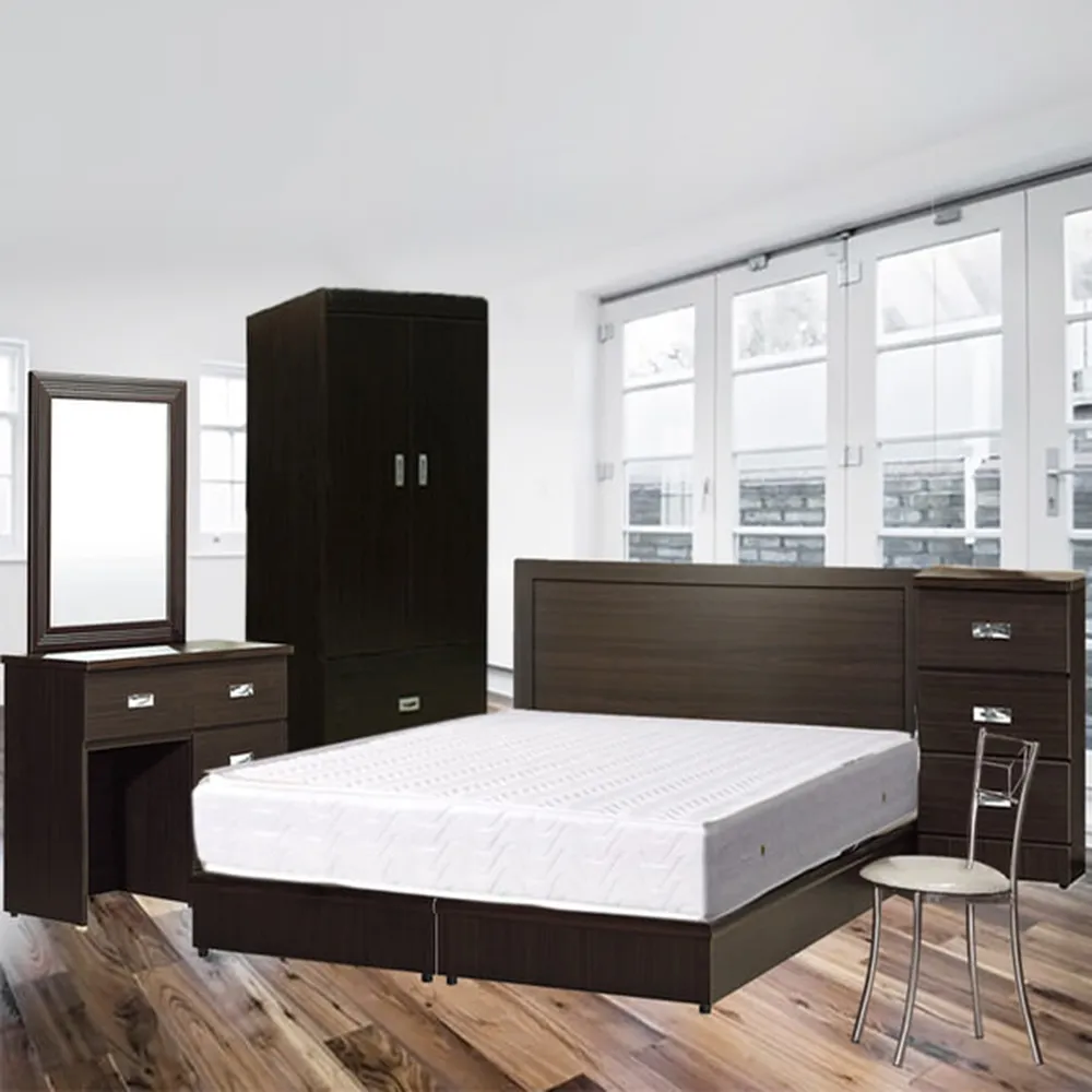 【品生活】簡約優質七件式房間組2色可選-雙人(床頭片+床底+獨立筒+床頭櫃+化妝台+椅+衣櫥)