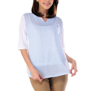 【雪莉亞】韓國極簡單麻棉直線條上衣(拼接條紋親膚上衣)