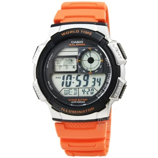 【CASIO】卡西歐多時區鬧鈴電子膠帶錶-橘(AE-1000W-4B 公司貨全配盒裝)