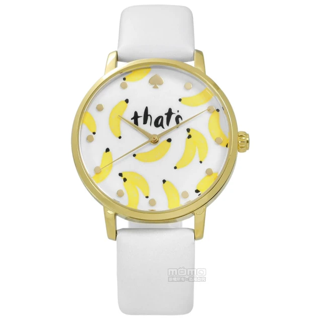 【kate spade】創意隨興手繪塗鴉香蕉真皮手錶 白x金框 34mm(KSW1122)