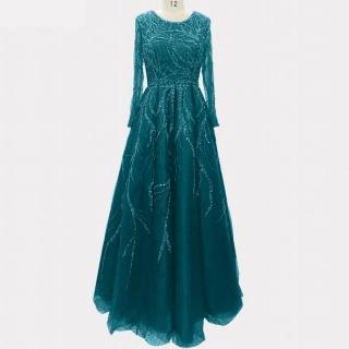 【女神婚紗禮服】高階奢華雙肩長袖網紗宴會晚禮服 LA60988 綠色雙肩(主持人 晚宴服)