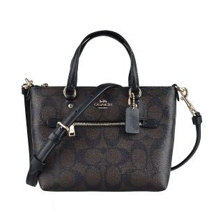 【COACH】COACH Gallery金屬LOGO緹花PVC拉鍊手提斜背兩用包(迷你/深棕x黑)