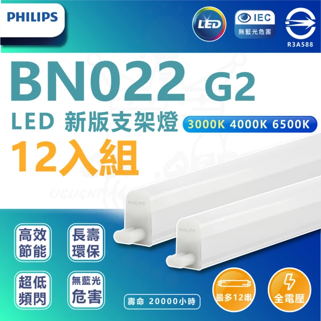 【Philips 飛利浦照明】BN022 G2 明亮LED支架燈 16W 4呎-附串接線(白光/中性光/黃光 12入組)