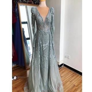 【女神婚紗禮服】高階小泡肩袖深V領奢華魚尾宴會晚禮服 LA70537 灰色(敬酒服 年會主持人)