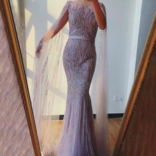 【女神婚紗禮服】極致仙氣飄袖高貴氣質奢華魚尾宴會晚禮服 LA70160 粉色(主持人 表演禮服)