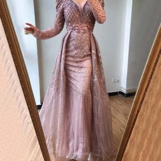 【女神婚紗禮服】高階小泡肩袖深V領奢華魚尾宴會晚禮服 LA70537 粉色(敬酒服 年會主持人)