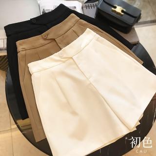 【初色】後鬆緊腰頭純色西裝短褲口袋闊腿寬褲-共3色-69154(M-XL可選)
