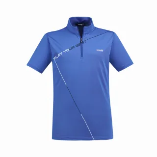 【PING】男款簡約線條運動立領短袖POLO衫-藍(吸濕排汗/抗UV/涼感/GOLF/高爾夫球衫/PA23120-56)
