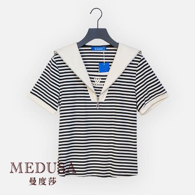 【MEDUSA 曼度莎】現貨-ICare 水手翻領橫紋上衣（F）｜女上衣 短袖上衣(321-17801)