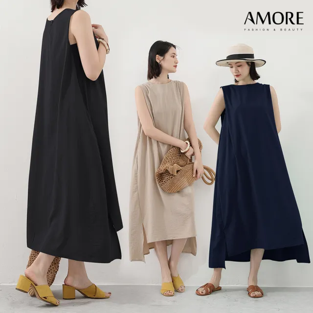 【Amore】日韓棉麻無袖文青層次感長裙 連身裙 女無袖上衣 無袖洋裝 棉麻洋裝 連衣裙(質感素色穿搭)