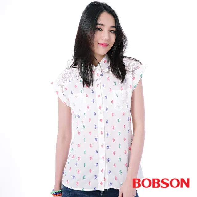 【BOBSON】女款搭配蕾絲布襯衫(白25133-81)