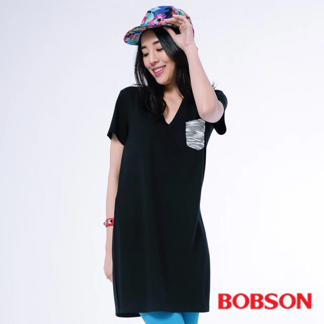 【BOBSON】女款V領口長版衣(黑26107-88)