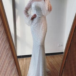 【女神婚紗禮服】極致輕奢珍珠魚尾宴會晚禮服 LA6556 白色(年會主持人 晚宴服)