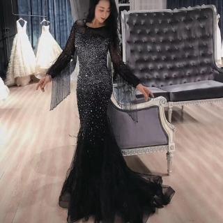 【女神婚紗禮服】高階奢華流蘇高貴氣質魚尾宴會晚禮服 LA60912 黑色(年會主持人 頒獎禮服)