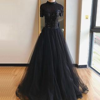 【女神婚紗禮服】高階短袖綁帶氣質蓬蓬裙宴會晚禮服 LA70584 黑色(晚宴服 派對)