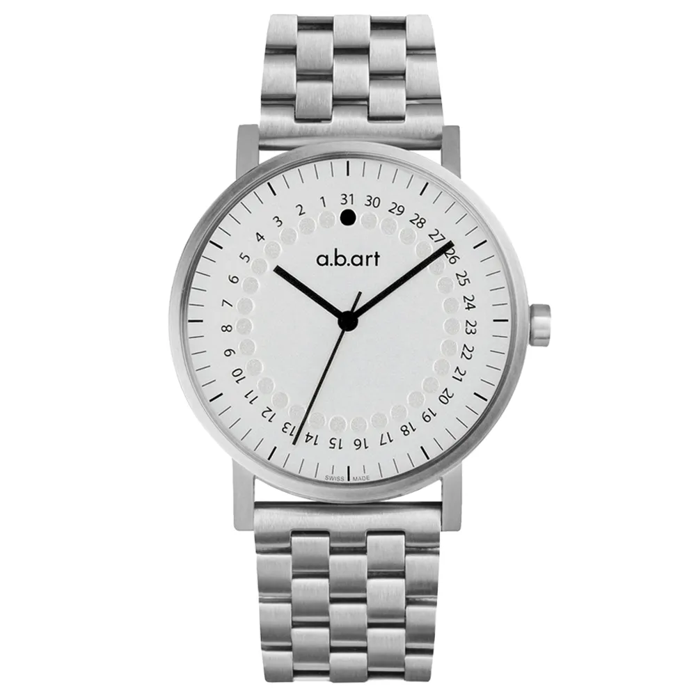 【a.b.art】O系列 經典日期圓盤跳點不鏽鋼帶錶-銀白/40.5mm(abart-O101SC)