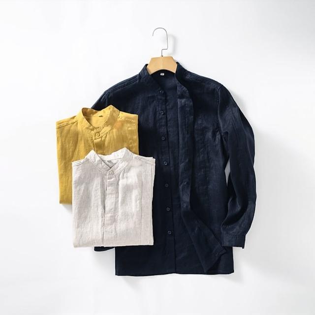 【米蘭精品】現貨+預購 亞麻襯衫長袖上衣(休閒透氣立領純色男裝4色74ew4)