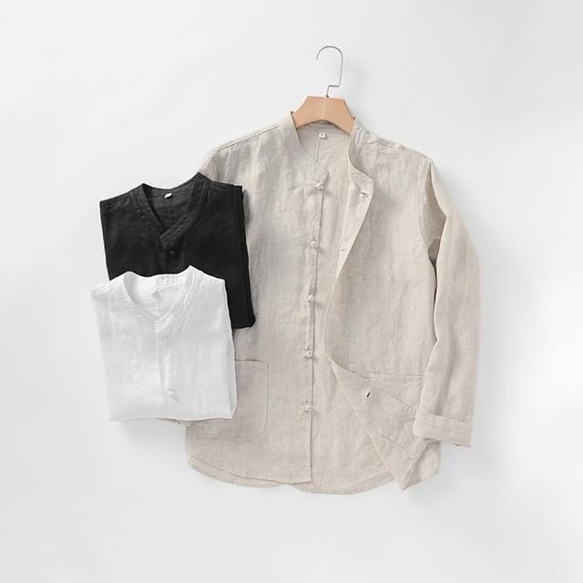 【米蘭精品】現貨+預購 亞麻襯衫長袖上衣(立領盤扣寬鬆舒適男裝4色74ew7)