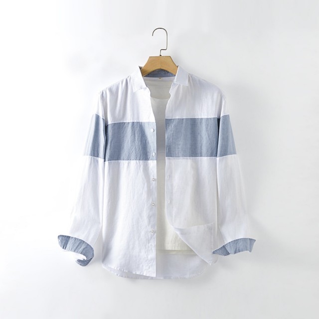 【米蘭精品】現貨+預購 亞麻襯衫長袖上衣(清新拼色翻領男裝74ew38)