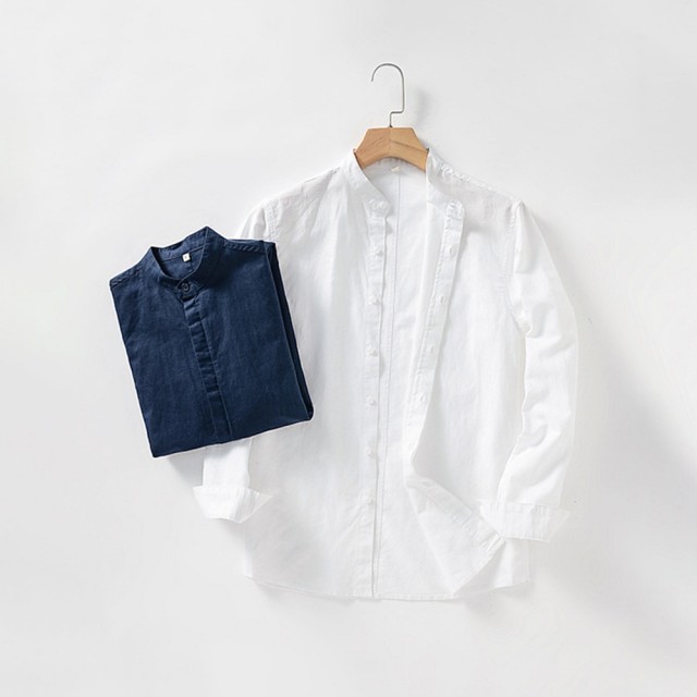 【米蘭精品】現貨+預購 亞麻襯衫長袖上衣(休閒寬鬆立領男裝2色74ew41)