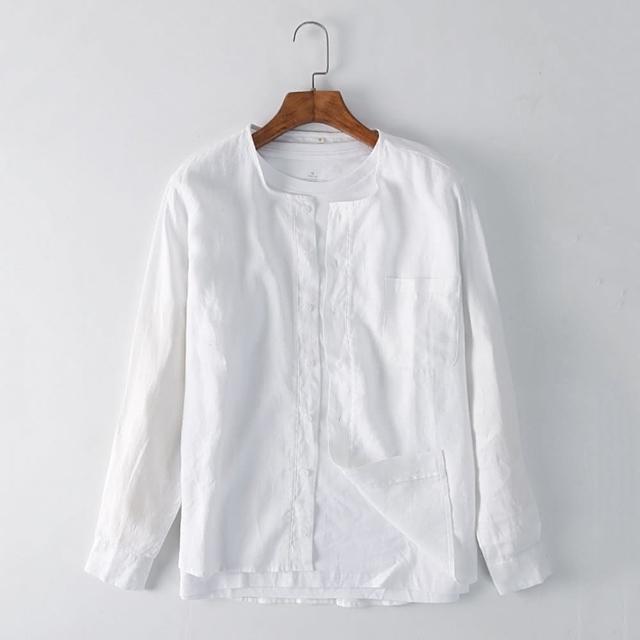 【米蘭精品】現貨+預購 亞麻襯衫長袖上衣(簡約時尚圓領男裝74ew42)