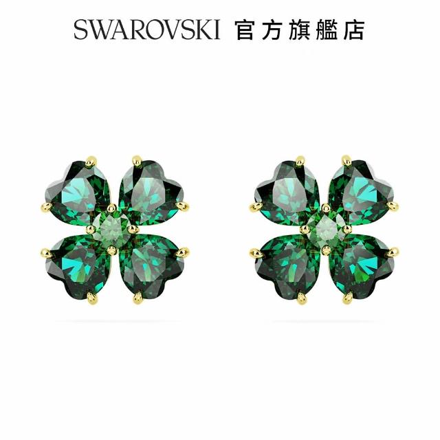 【SWAROVSKI 官方直營】Idyllia 耳釘 幸運草  綠色  鍍金色色調 交換禮物