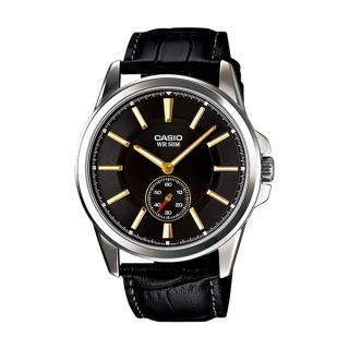 【CASIO 卡西歐】經典紳士錶款 全黑皮革石英 指針男錶(MTP-E101L)