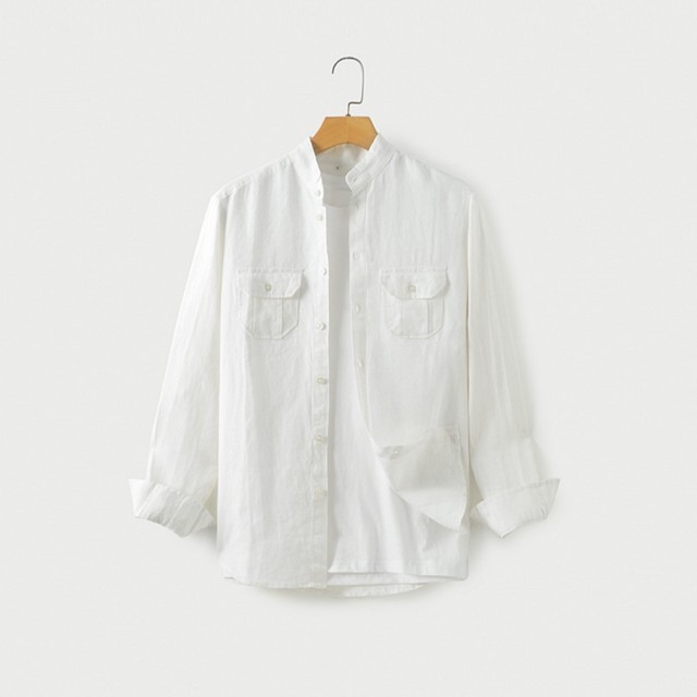 【米蘭精品】現貨+預購 亞麻襯衫長袖上衣(休閒透氣立領男裝3色74ew21)
