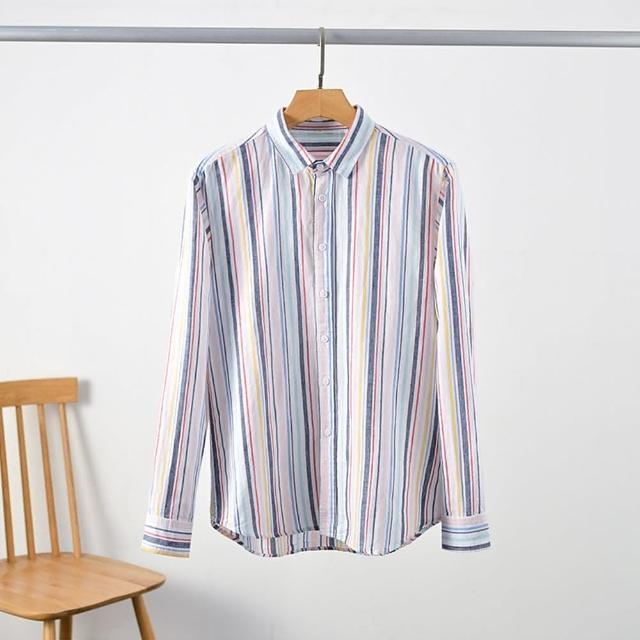 【米蘭精品】現貨+預購 亞麻襯衫長袖上衣(休閒清新條紋男裝74ew26)