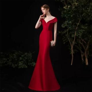 【女神婚紗禮服】高階一字肩深V大紅色魚尾宴會晚禮服 1774紅色(新娘服 婚紗攝影)