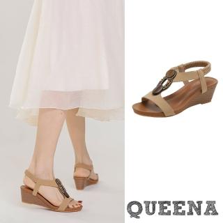 【QUEENA】坡跟涼鞋 羅馬涼鞋/波西米亞民族風木釦彩珠幾何造型坡跟羅馬涼鞋(杏)