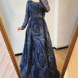 【女神婚紗禮服】高階U領遮臂奢華高級質感魚尾宴會晚禮服 LA70541 深藍色(表演禮服 晚宴服)