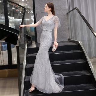 【女神婚紗禮服】高階銀色奢華氣質魚尾宴會晚禮服 PLGZ-131(主持人 晚宴服)