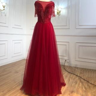 【女神婚紗禮服】高階名媛氣質流蘇縫珠紗裙宴會晚禮服 LA70714 酒紅色(頒獎禮服 晚宴服)