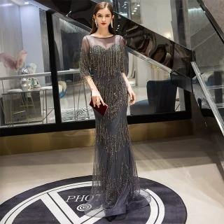 【女神婚紗禮服】高階時尚薄紗圓領魚尾宴會晚禮服 PLGZ-08 1954深灰(婚宴服 頒獎禮服)
