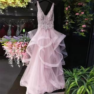 【女神婚紗禮服】高階粉色時尚氣質百褶裙宴會晚禮服 PLGZ-40 1903粉色(婚紗攝影 旅拍)
